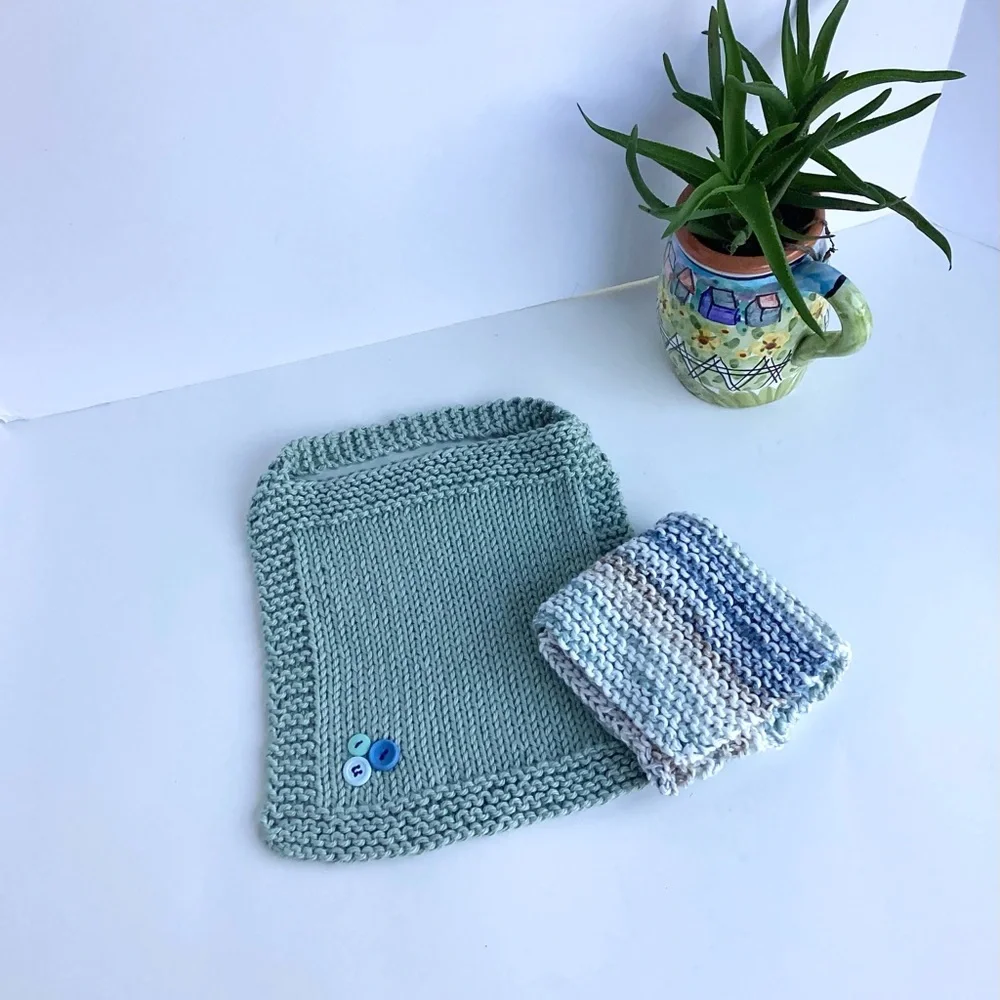 Baby Bib Set Washcloth Hand Crafted Green Cotton Knit Floral